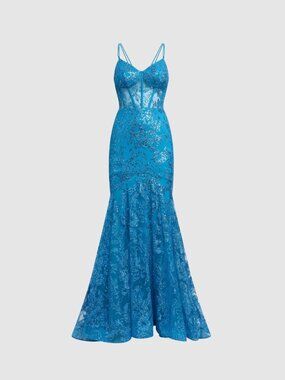 Teal blue prom dress, sequin, open back, corset, fit and flair